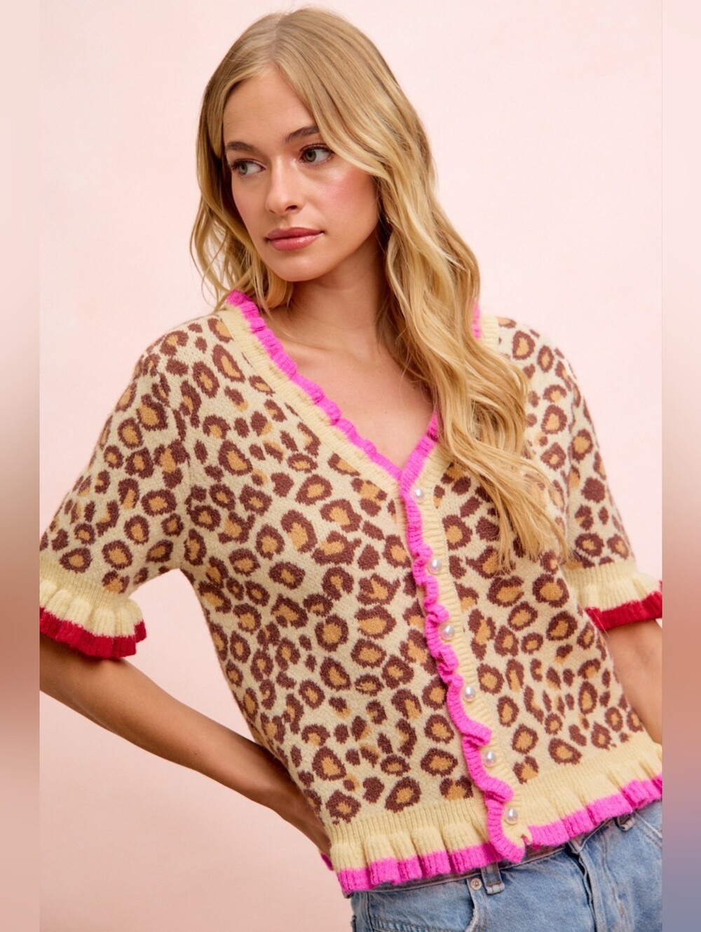 BiBi Leopard Patterned Ruffled Detail Button Cardigan- Fast Shipping!! - Picture 2 of 12